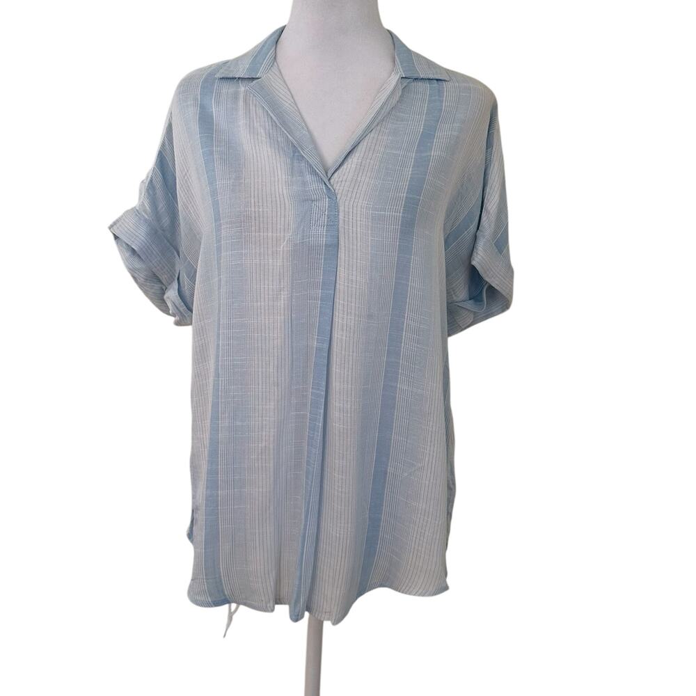 Thread & Supply Women Linen Blend Blue & White Short Sleeve Blouse Size S - NWT